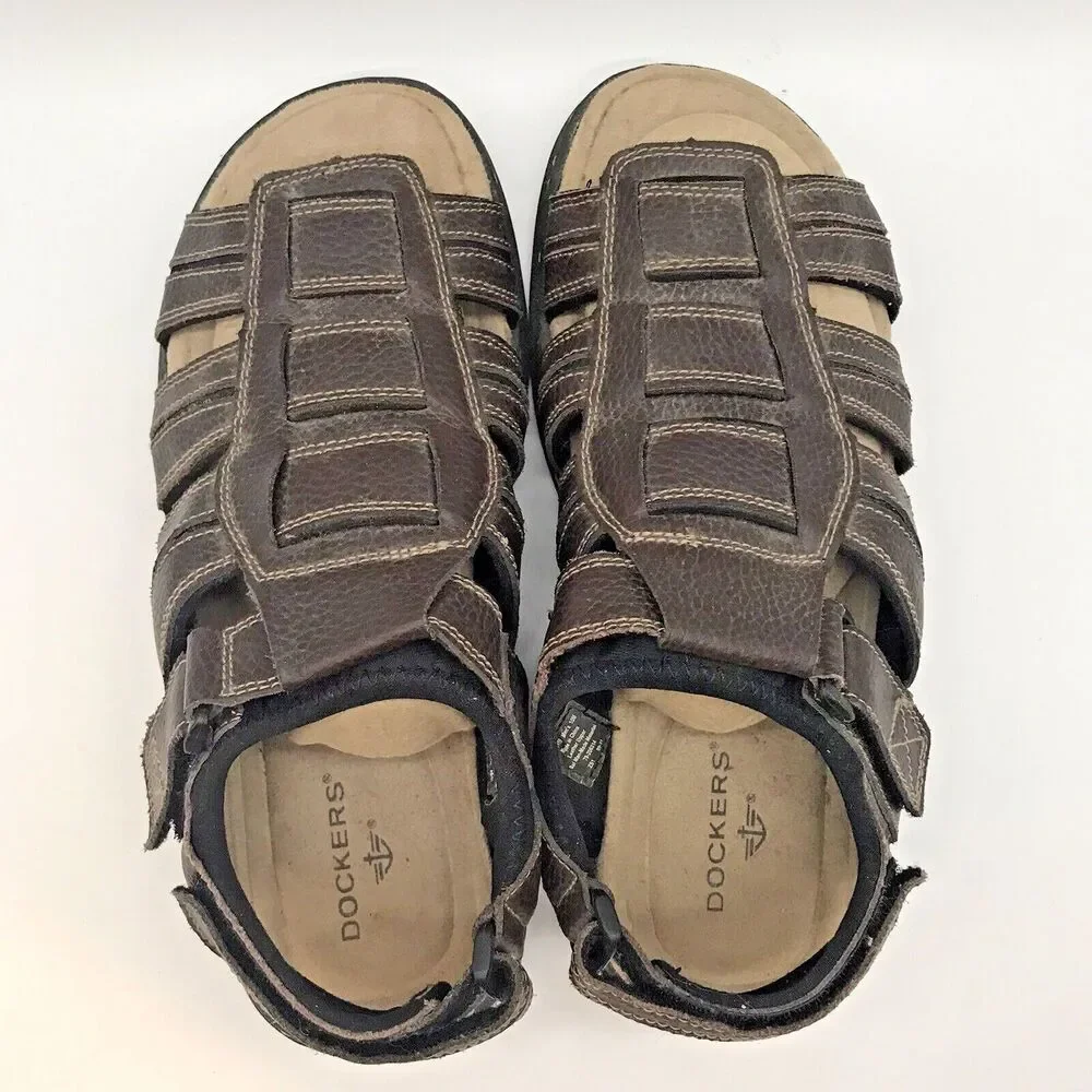 Dockers Brown Leather Sandals Men's 10M Open Toe Hook & Loop 90-23119 Shoes